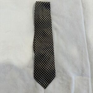 Bergamo New York Silk Necktie Mens Checkered Geometric Pattern Black‎ Beige